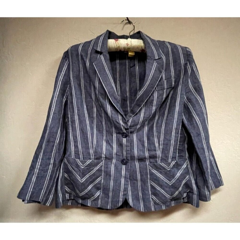 Cabi Womens Blazer Jacket Puff Sleeve Two-Button Size 8 Blue White Stripe Linen